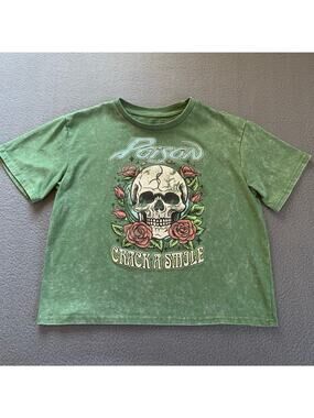 Poison Crack a Smile Skull Crop Tee Green Band Tee Rock Grunge Acid Wash Medium